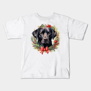 Christmas Black Labrador Retriever Dog Wreath Kids T-Shirt